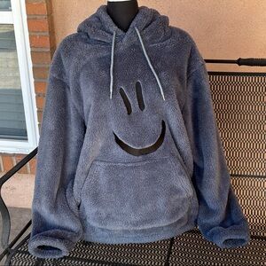 Hoooyi Cozy Plush Hooded Pullover with Smiley Face - Slate Gray Size Large